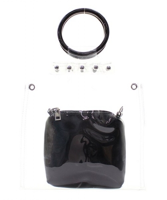 Round Handle 2 in 1 Clear Satchel With Plane Inner Bag Y104 BLACK